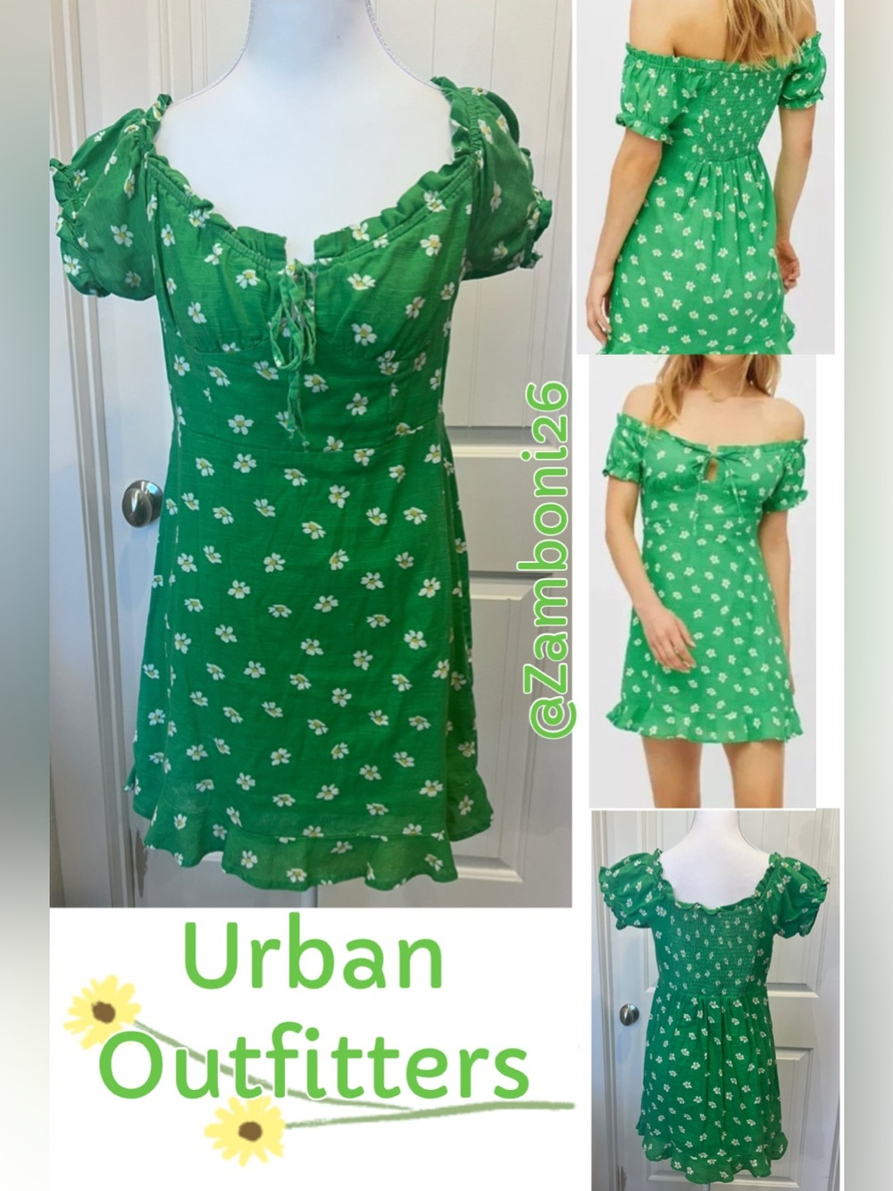 URBAN OUTFITTERS Magpie Off Shoulder Mini Dress Green Daisy Print Size S